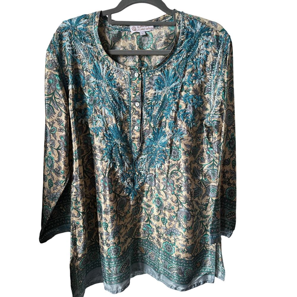 Al Jaber Gallery Boho Silk Hand Embroidered Flowered Tunic/Top Size L Artisan